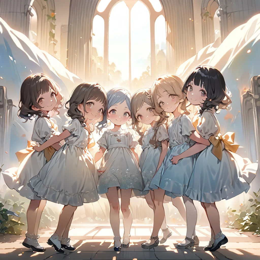 masterpiece, ultra detailed, 8K, full body shot,, a girl, kawaii, light atmosphere, (Cute 4girls:1.5), (Four sisters, the eldest in the middle, surrounded by her younger sisters, all smiling.s :1.4), anime visual, (tilt head:1.3), extremely delicate face, realistic lighting and shading, (an extremely delicate and beautiful art:1.3),Watercolor painting, a girl, 