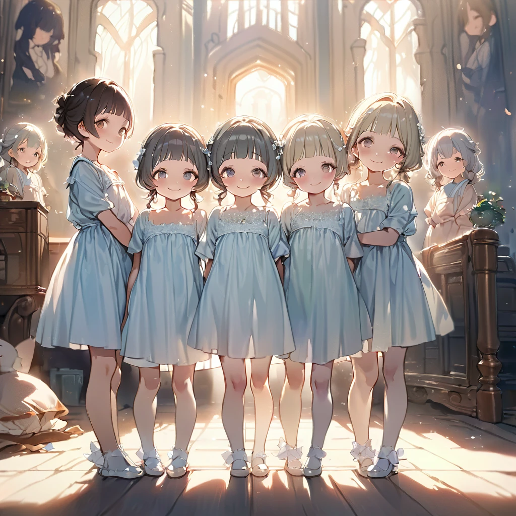 masterpiece, ultra detailed, 8K, full body shot,, a girl, kawaii, light atmosphere, (Cute 4girls:1.5), (Four sisters, the eldest in the middle, surrounded by her younger sisters, all smiling.s :1.4), anime visual, (tilt head:1.3), extremely delicate face, realistic lighting and shading, (an extremely delicate and beautiful art:1.3),Watercolor painting, a girl, 