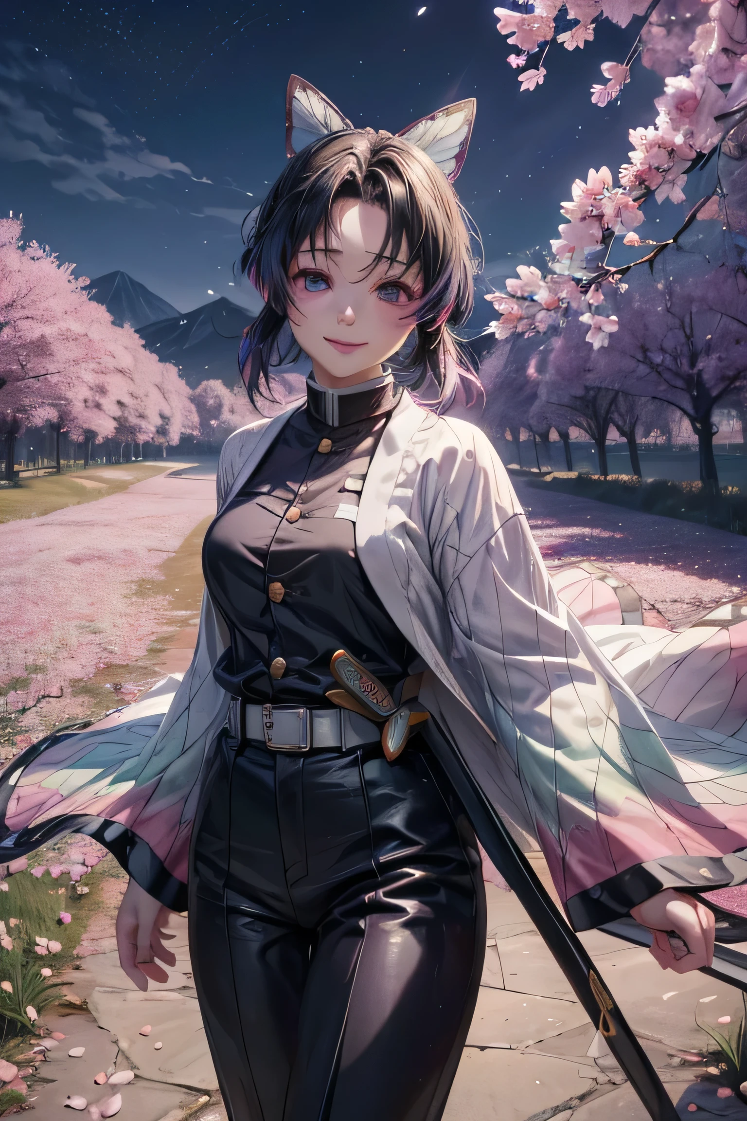 Shinobu Kocho, full body, big landscape, beautiful detailed eyes, beautiful detailed lips, extremely detailed face, long eyelashes, night time, walking at cherryblossom trees field, smiling expression, intricate details, ethereal atmosphere, vibrant colors, glowing ambient lighting, cinematic lighting, photorealistic, masterpiece, (best quality, 4k, 8k, highres, masterpiece:1.2), ultra-detailed, (realistic, photorealistic, photo-realistic:1.37)