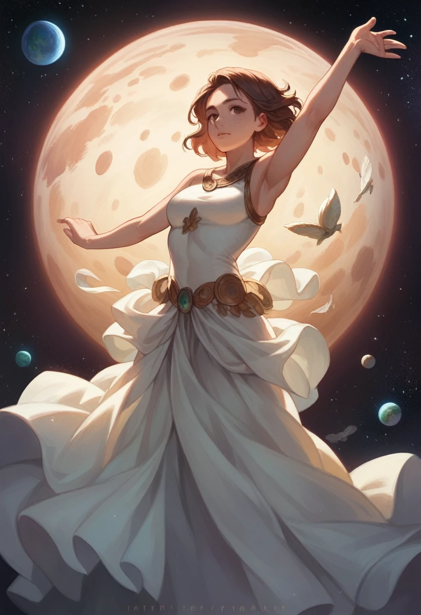 Illustration, detailed illustration, dynamic angle, ultra detailed, best quality, 1girl, 30 year old woman, beautiful, short brown hair, big brown eyes, light freckles, dancing, in space, empty space, starfield in background 