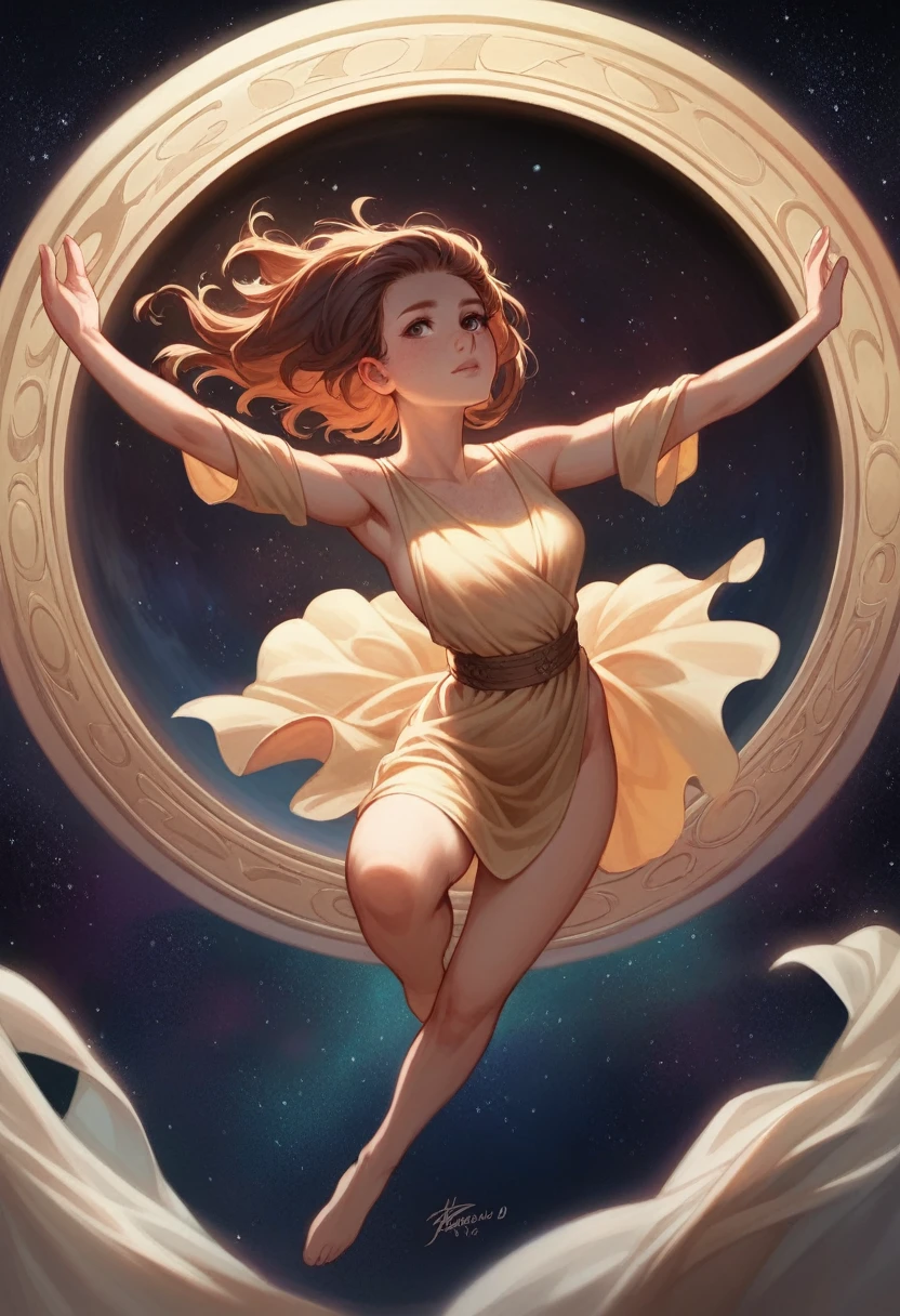 Illustration, detailed illustration, dynamic angle, ultra detailed, best quality, 1girl, 30 year old woman, beautiful, short brown hair, big brown eyes, light freckles, dancing, in space, empty space, starfield in background
