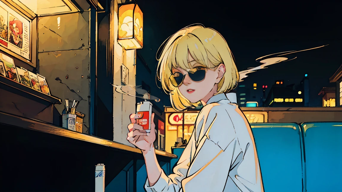 Beautiful blonde Asian girl sitting in a diner at night, visible from the window, perfect face, sunglasses, Smoking white Taylormade cigarettes, neon black, (with backlight: 1.1), hard shadow, masterpiece, highest quality, Complex, model shooting style, vintage, film grain, incomplete details