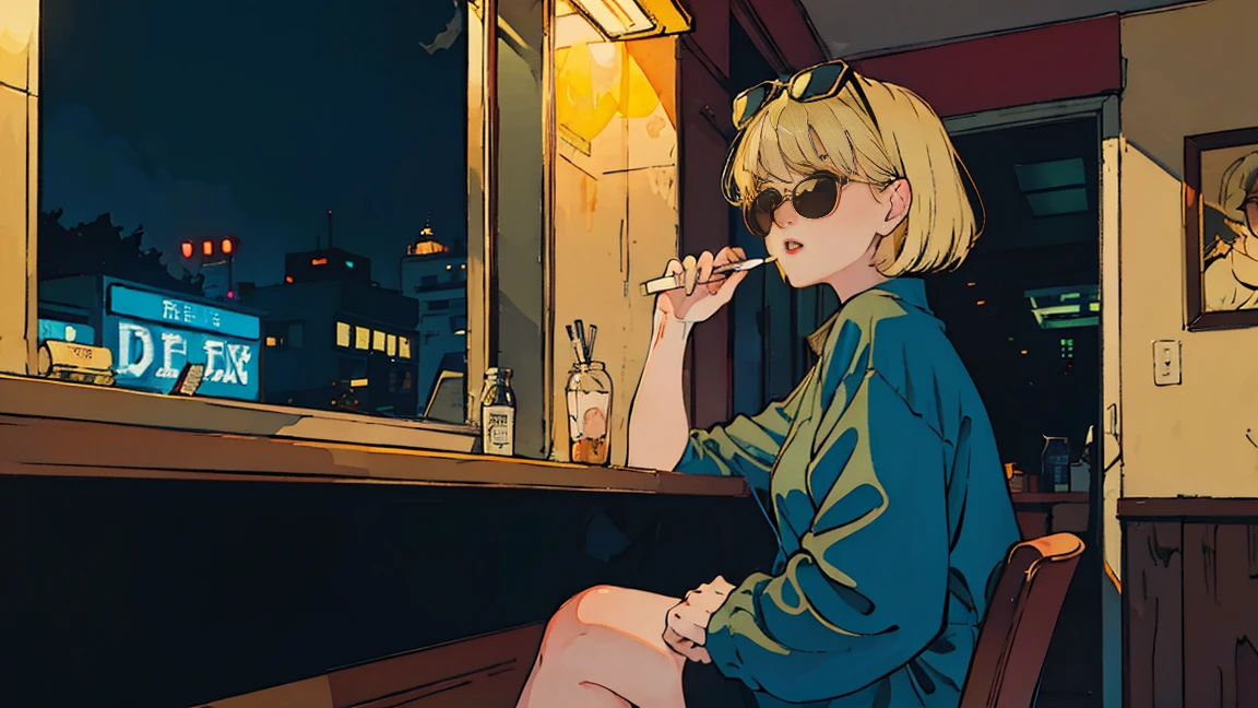 Beautiful blonde Asian girl sitting in a diner at night, visible from the window, perfect face, sunglasses, Smoking white Taylormade cigarettes, neon black, (with backlight: 1.1), hard shadow, masterpiece, highest quality, Complex, model shooting style, vintage, film grain, incomplete details