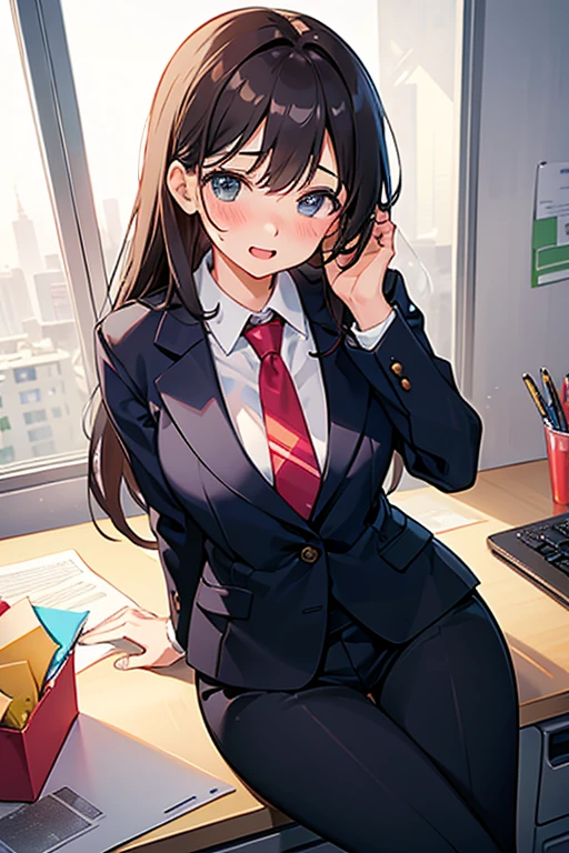 Best quality, masterpiece, An excited young girl in an office suit sits in the office and looks at the camera, blushing and embarrassed