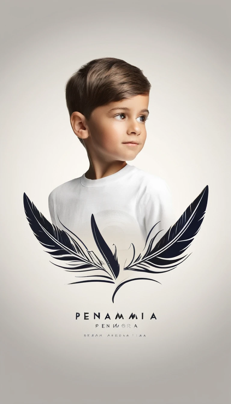 Create a minimal, modern, simple, inspirational, memorable, dream like logo design of a boy and a feather for the brand “Penamemoria".