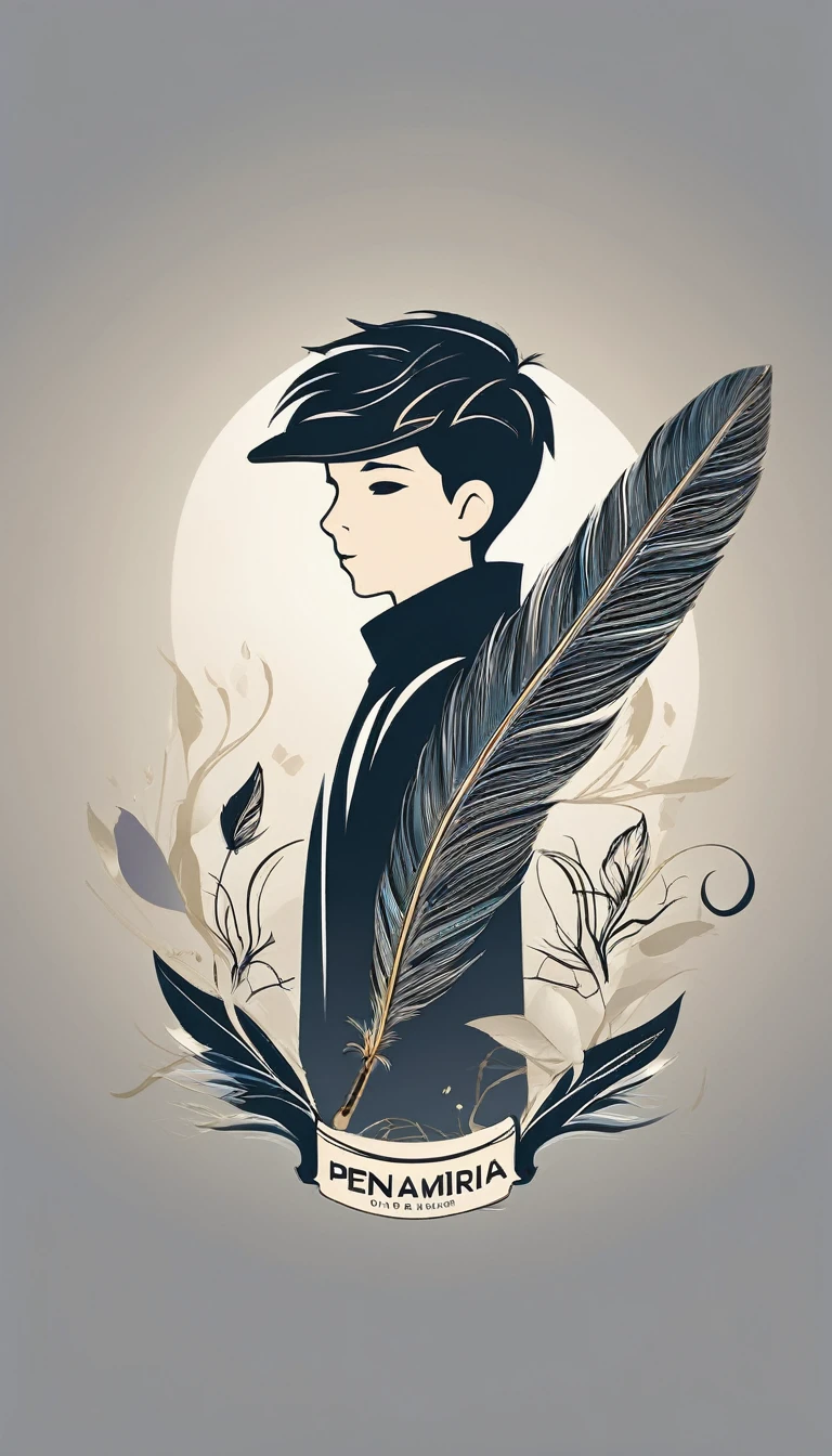 Create a minimal, modern, simple, inspirational, memorable, dream like logo design of a boy and a feather for the brand “Penamemoria".