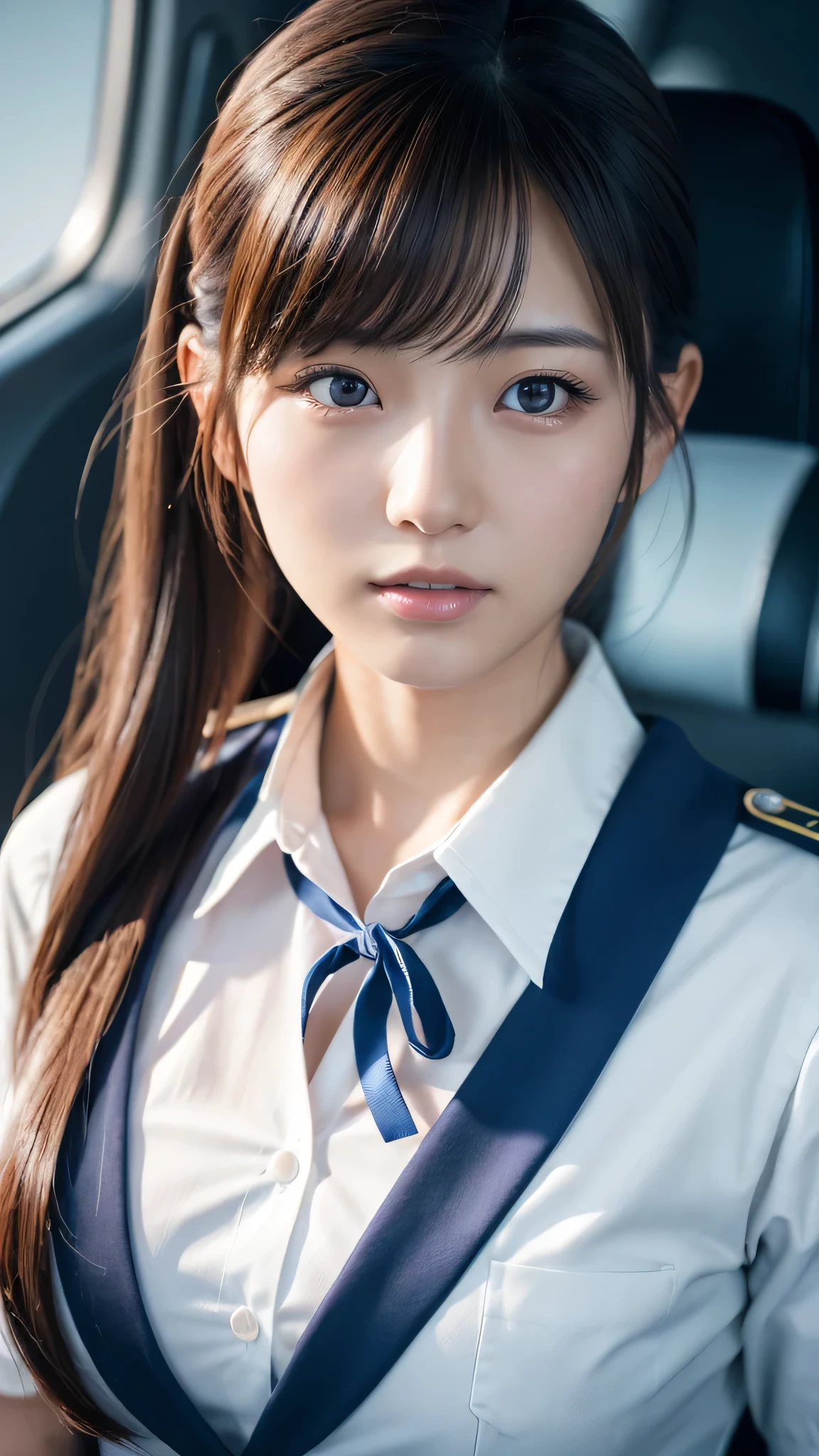 A beautiful young Japanese woman, around 20 years old, wearing a stewardess uniform, ultra-detailed, 8K resolution, highly realistic, cinematic lighting, best quality, masterpiece, photorealistic, physically-based rendering, extremely detailed, vivid colors, professional, sharp focus, studio lighting