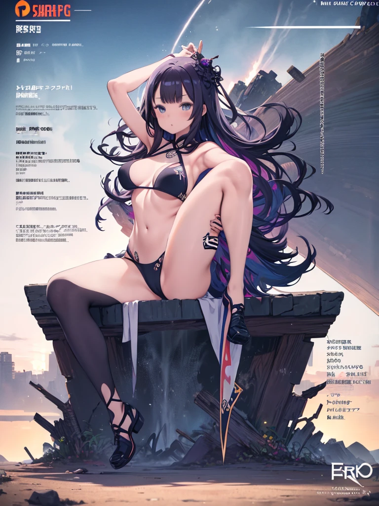 Highest quality, high resolution, Comic book style, Various full body attack poses and immersive effects, Hover Effects, "HDR Ultra" Detailed and focused, (Beautiful, detailed eyes: 1.2), Beautiful woman, (Detailed eyes and face:1.3), (Highly detailed CG, Best Shadow:1.1), Depth of Field and Blur, (Very thin and beautiful: 1.1), (Perfect detail: 1.1) 、Digital Illustration, center, Watercolor, artステーション, コンセプトart, Character Sheet, Lightning Wave, 美しいアニメのWatercolor, Graffiti Paint,Sharp focus, art:Kim Hyung-tae, Full Body Shot, The finer details, Intricate details, Ratio illustration, High leg、bikini, huge , hugeなお尻、Curvaceous body, Raise her arm to show her armpit, Drawing of thick hair, Detailed eye depiction、((Spread your legs and straddle))、Draw only one woman