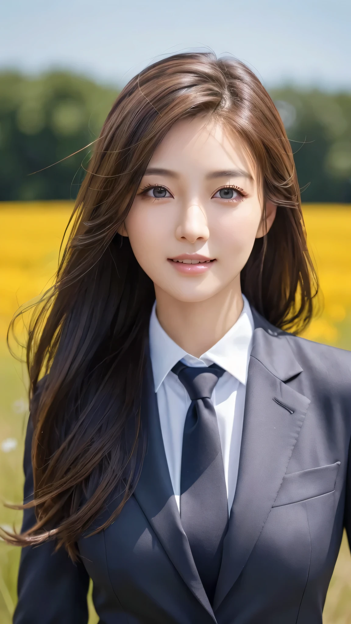 highest quality、genuine、Super detailed、finely、High resolution、8k wallpaper、one beautiful woman、、、light brown disheveled hair、wearing a business suit、sharp focus、perfect dynamic composition、beautiful and detailed eyes、thin hair、Detailed genuine skin texture、smile、model body shape、In a windswept meadow