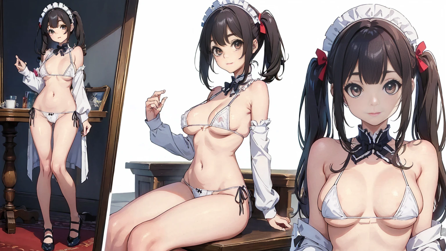Masterpiece、Highest quality、Highest quality, (long and thin legs, shoes:1.2), 1 girl, (smile、Open your mouth大笑い:1.2), Cute eyes, (Detailed face:1.3)、Open your mouth, The whole face turns red, Oversized breasts, Big and ample breasts, (Straight bangs, Twin tails), White maid outfit、(Bust is micro bikini:1.1)、Side bust、Underbust、belly button、Walking through the mansion'corridor、nsfw、shoes下