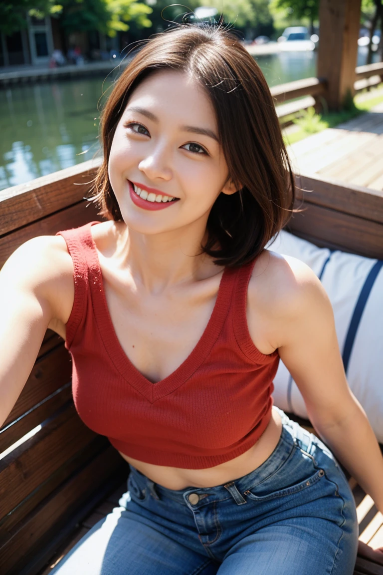 Highest quality,8k,Brown Hair,Shoulder-length bob,clear系美女,ccup,smile,Shiny skin,Sleeveless knitwear,Wearing jeans,Wearing a blouse,Shown in full-body photo,Looking up,Strong sunlight, bright, She is smiling gently with the corners of her mouth turned up,Realistic skin texture,double eyelid,Japanese,Taking a selfie,Eye color is dark brown,lake,a sunny day,clear,19~22age,Photorealistic,,Looks energetic,giggle,Super detailed,Ultra-high resolution,She is wearing red lipstick,