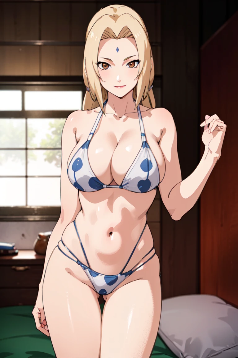 tsunade, brown eyes , blonde hair , forehead mark
BREAK , , navel , leopard print bikini , big breasts, wide hips , milf body ,((( bedroom))) , smile
BREAK , cowboy pose , standing straight ,
BREAK looking at viewer, (cowboy shot:1.5),
BREAK (masterpiece:1.2), innocent eyes , beautiful face