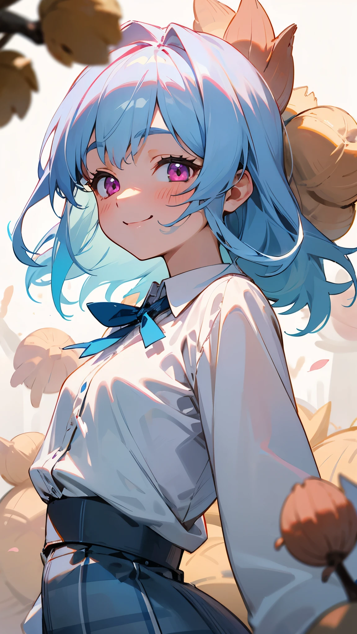 16-year-old girl、Light blue hair、Pink Eyes、smile、blush、Small breasts、From the side、A lot of acorns、white blouse shirt、Checked mini skirt、Upper body close-up