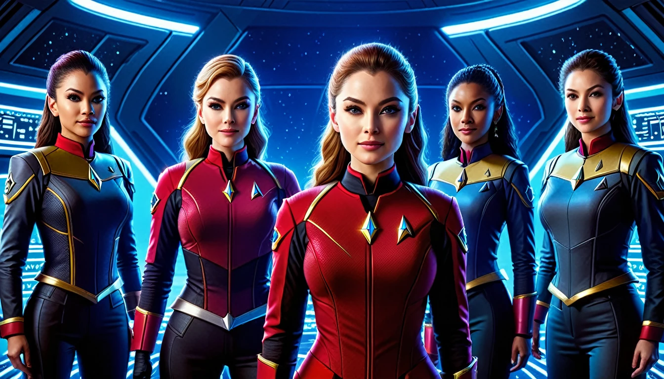 A hyperrealist portrait of the five Starfleet captains, with incredibly detailed textures, lifelike lighting, and photographic accuracy. Hyper-realistic, vibrant colors, 16k