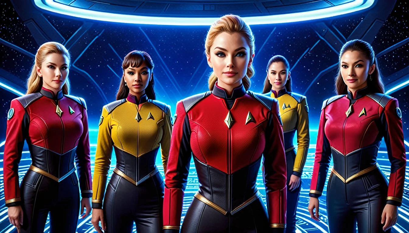 A hyperrealist portrait of the five Starfleet captains, with incredibly detailed textures, lifelike lighting, and photographic accuracy. Hyper-realistic, vibrant colors, 16k