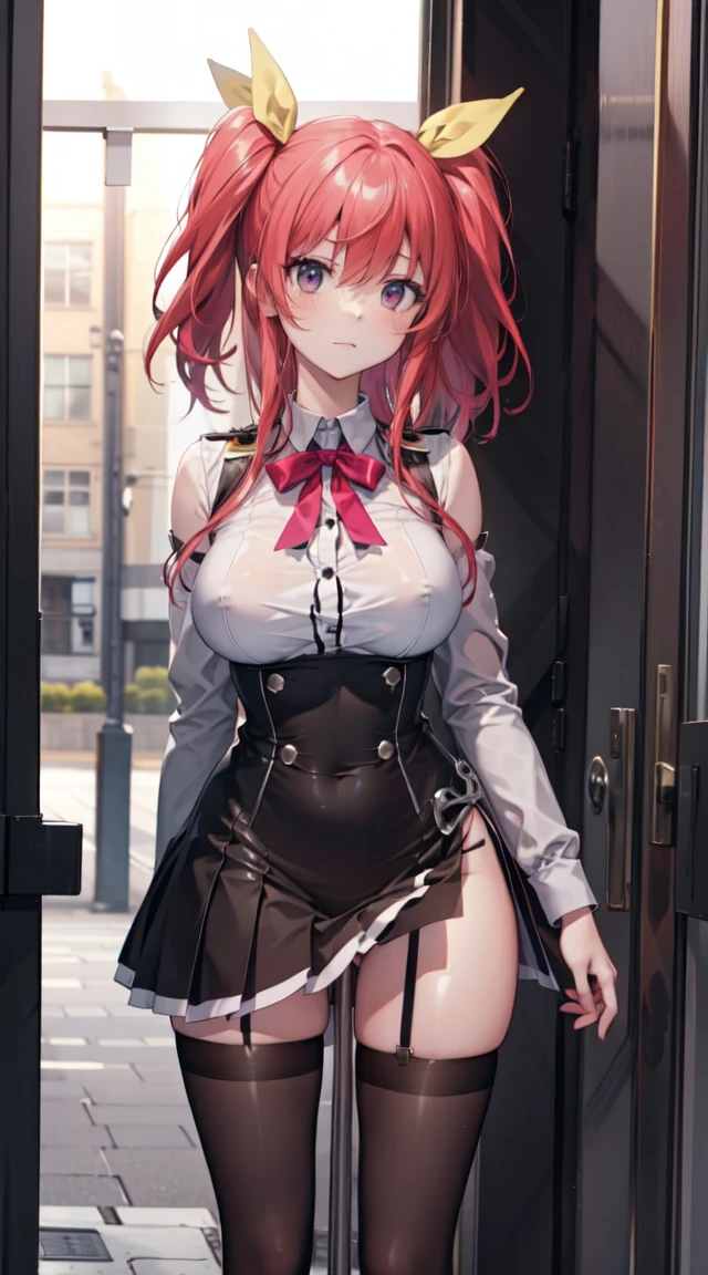 (Best quality at best, 4K, 8K, A high resolution, masterpiece:1.2), ultra - detailed, Nice face, detailedfacialfeatures, Breast size is medium, Realistic skin, wears uniform, underbust, sleeveless white top, blouse, ribbon, modest top, yellow ribbons, red hair, (A high resolution: 1.1), (actual: 0.9), (Vibrant colors), (youthful), (dynamics), (beautiful detailed face), (detailedfacialfeatures), (Breast size is medium), (one bar prison), one bar prison goes up under skirt, thigh highs, one bar prison between thighs, thigh gap, in front of classroom, in front of black board, thick one bar prison