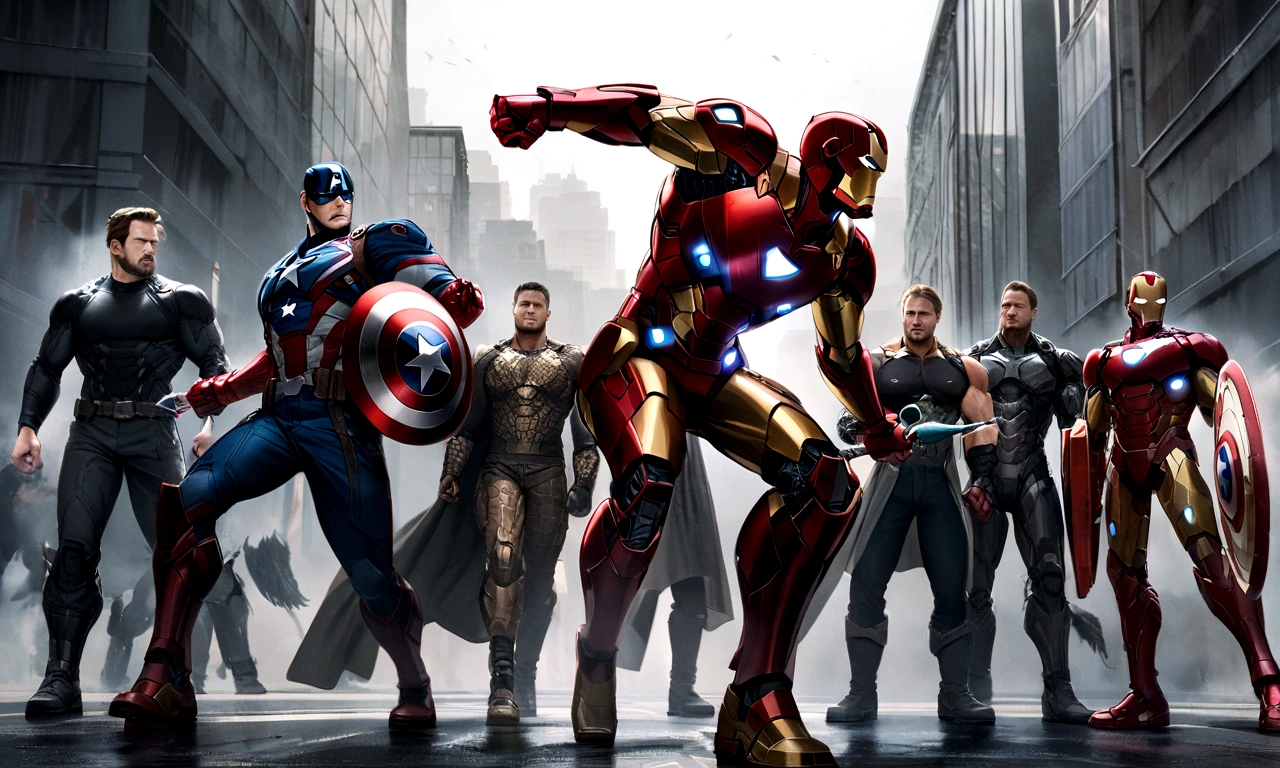 Image of the Avengers assembled, Iron Man in his red and gold power suit hovering with repulsors activated, Captain America leading with shield in battle stance, Thor wielding Mjolnir amid crackling lightning, Hawkeye notching an arrow, Black Widow in a stance dynamic combat, all against a shadowy backdrop of the New York City skyline, intense expressions, dynamic poses, muted colors with touches