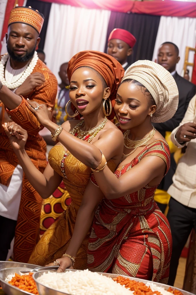 In an African Igbo wedding people are dancing eating rice and enjoying