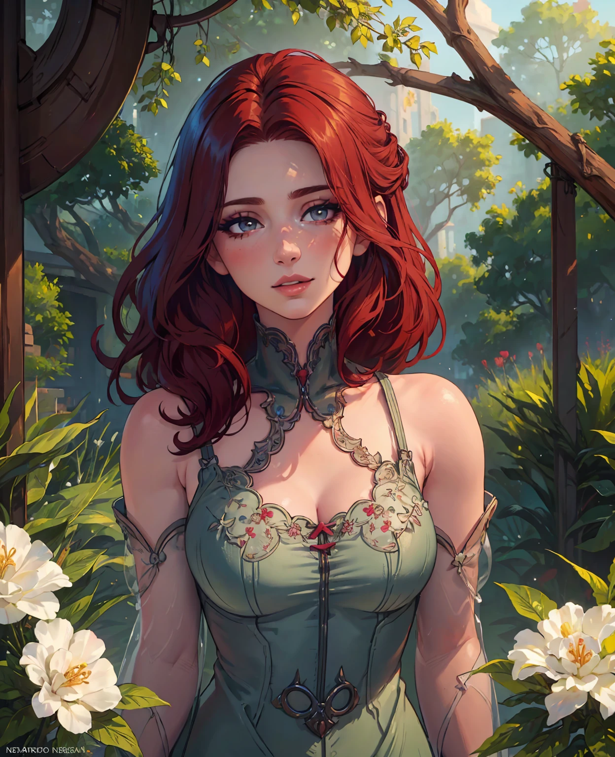 A redheaded girl in a lush garden, beautiful detailed eyes, beautiful detailed lips, extremely detailed eyes and face, long eyelashes, detailed skin texture, delicate facial features, elegant pose, intricate floral patterns, vibrant colors, natural lighting, photorealistic, 8k, highly detailed, hyperrealistic, masterpiece, digital painting, cinematic atmosphere