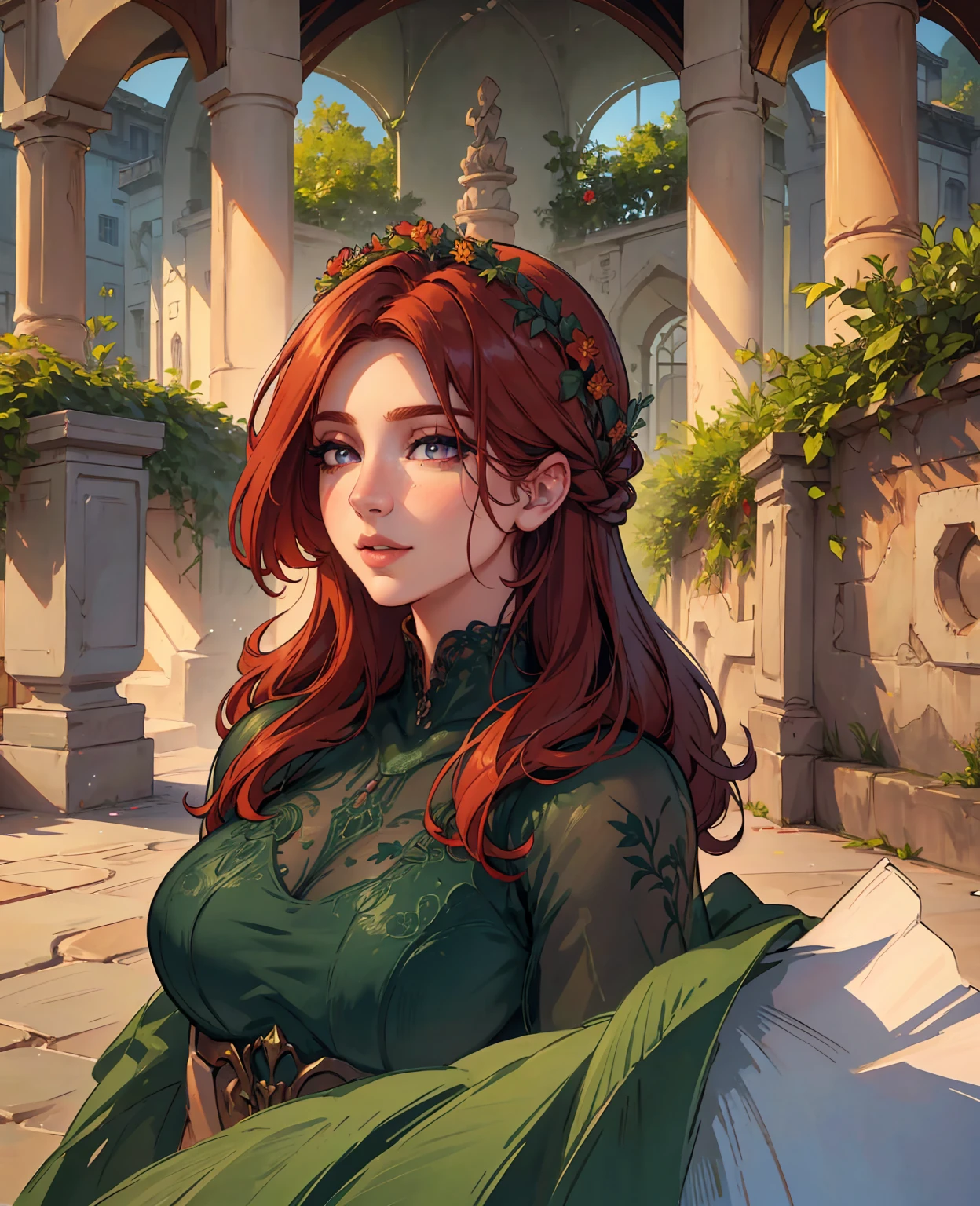 A redheaded girl in a lush garden, beautiful detailed eyes, beautiful detailed lips, extremely detailed eyes and face, long eyelashes, detailed skin texture, delicate facial features, elegant pose, intricate floral patterns, vibrant colors, natural lighting, photorealistic, 8k, highly detailed, hyperrealistic, masterpiece, digital painting, cinematic atmosphere