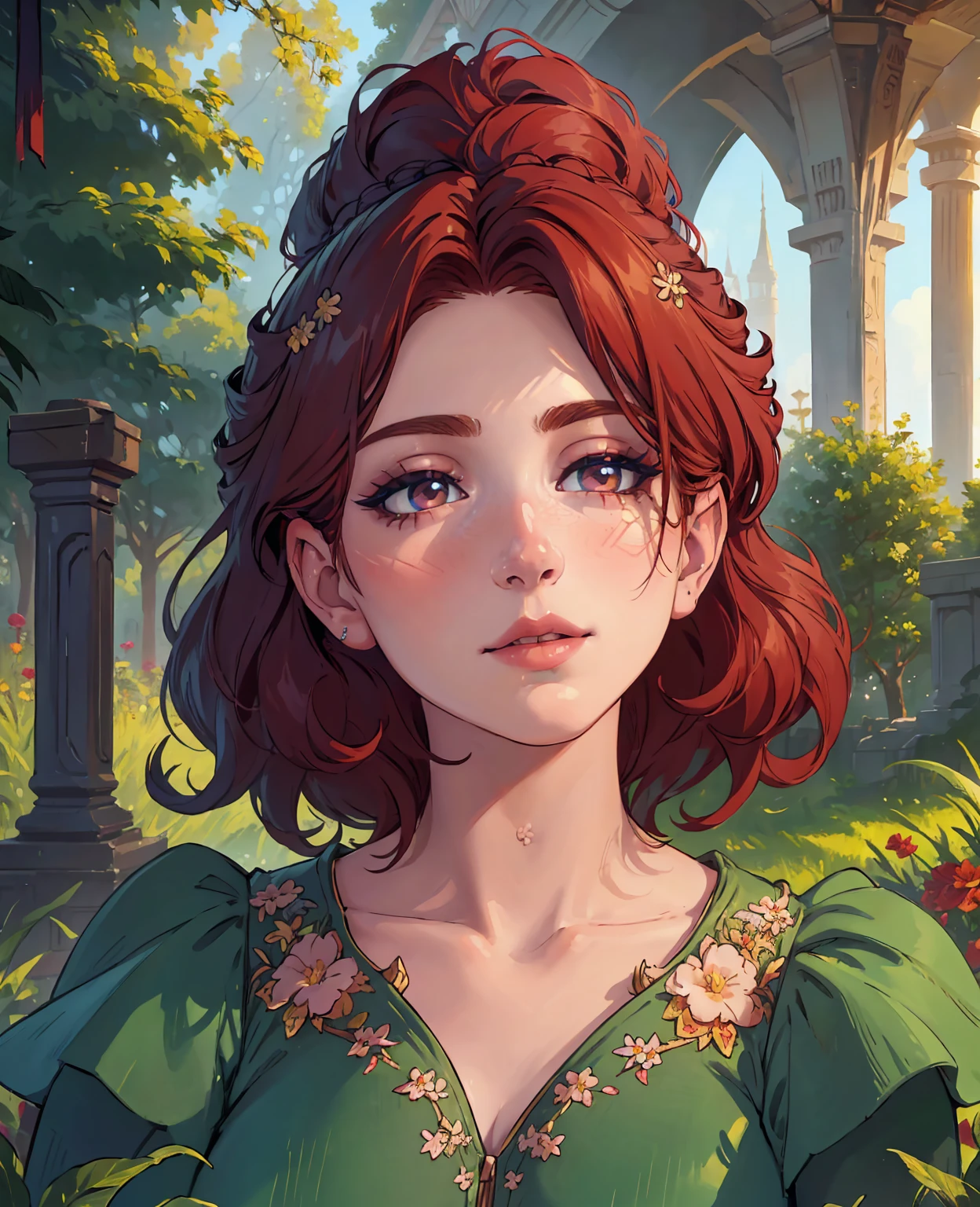 A redheaded girl in a lush garden, beautiful detailed eyes, beautiful detailed lips, extremely detailed eyes and face, long eyelashes, detailed skin texture, delicate facial features, elegant pose, intricate floral patterns, vibrant colors, natural lighting, photorealistic, 8k, highly detailed, hyperrealistic, masterpiece, digital painting, cinematic atmosphere