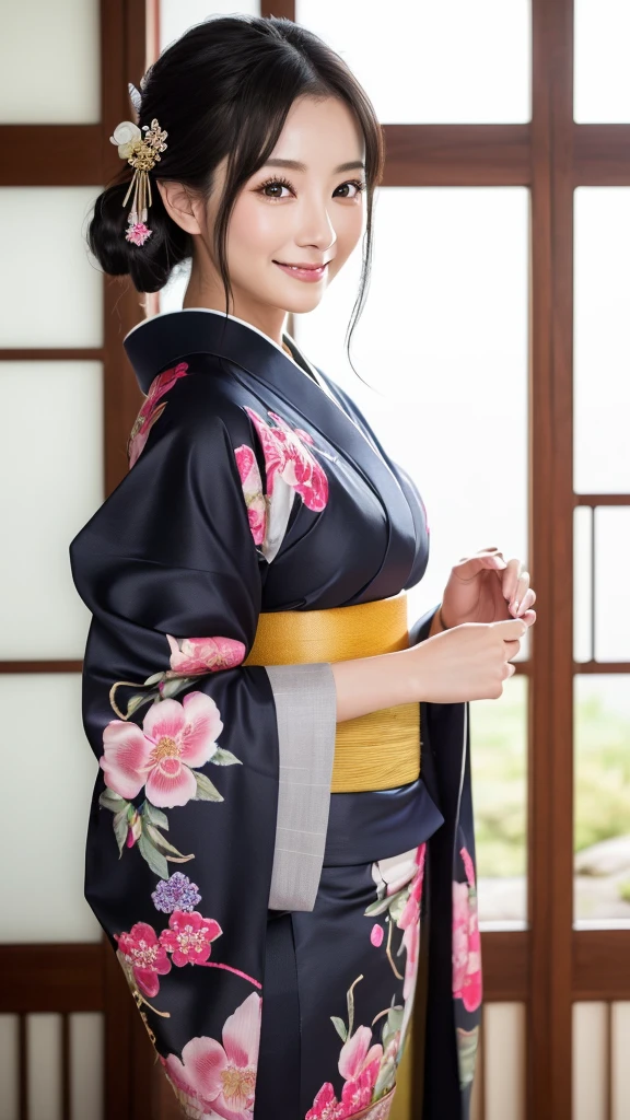 (Super beautiful woman in kimono)、((highest quality、8K masterpiece:1.3))、sharp focus:1.2、(super beautiful face:1.0)、(shiny skin:1.0)、realistic pictures、black hair、video lighting、High resolution eyes and face、video lighting、japanese actress、from the front、with a happy smile、whole body、wearing a kimono、in Kyoto、(luxury obi)、with a fan