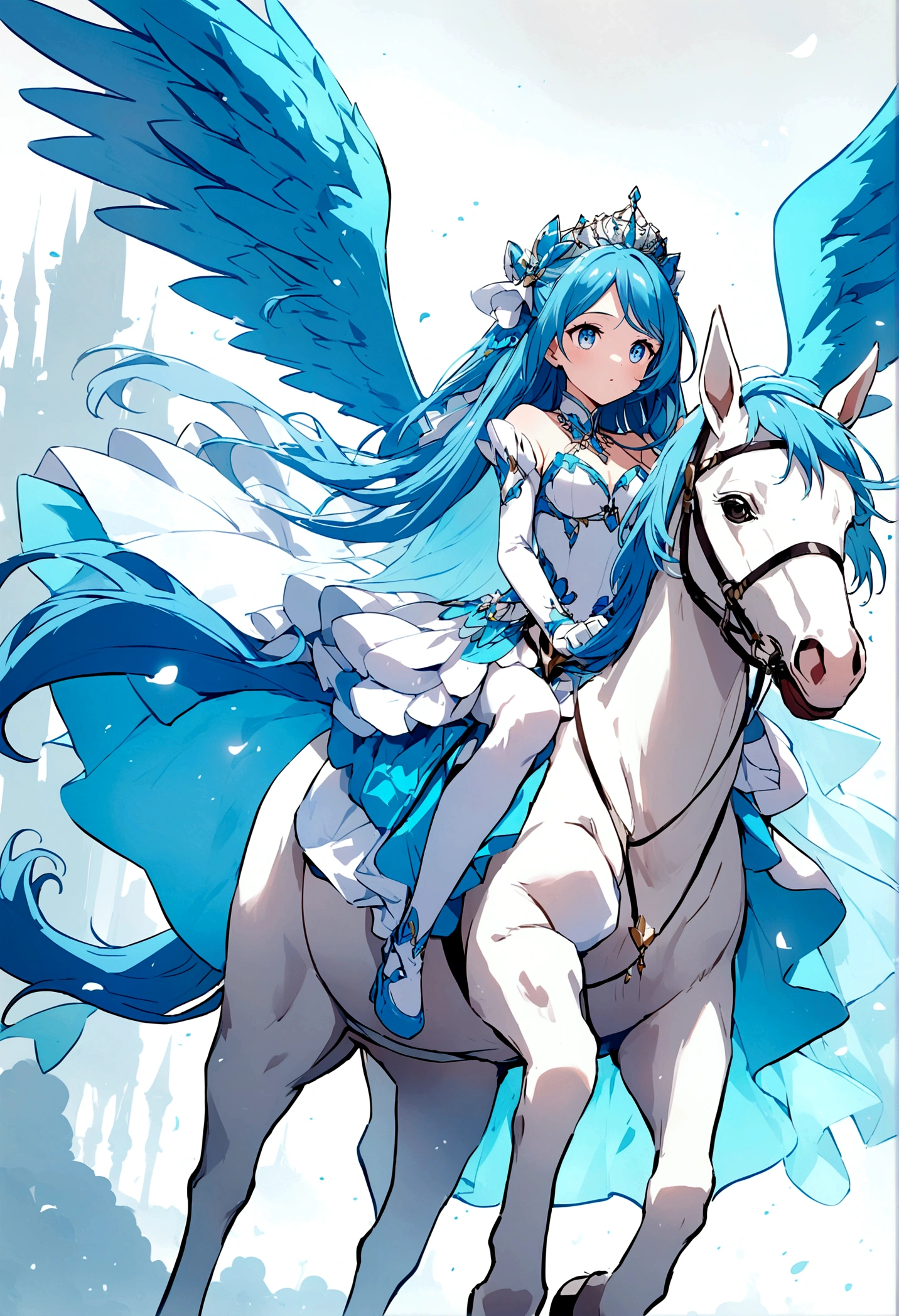 A princess with blue hair and blue eyes riding a horse.