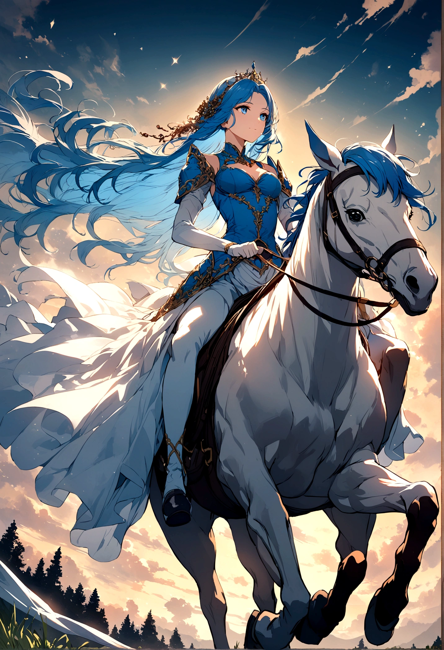 A princess with blue hair and blue eyes riding a horse.