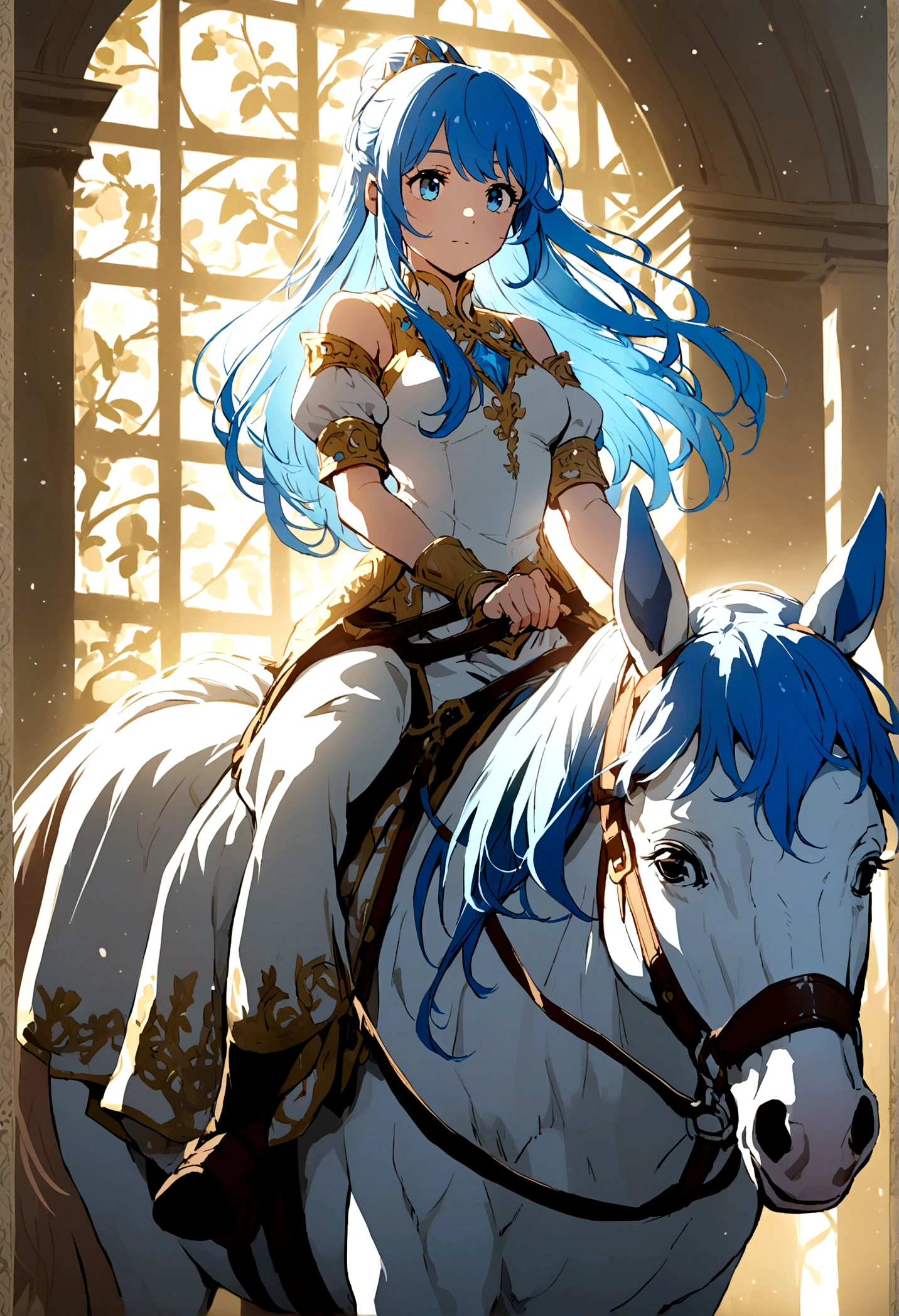 A princess with blue hair and blue eyes riding a horse.