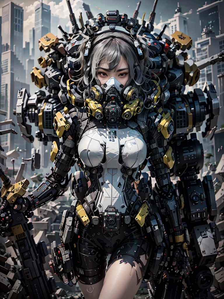 This is a CG Unity 8k wallpaper with ultra-detailed, high-resolution and top quality in cyberpunk style, dominated by black and red. In the photo, a beautiful girl with short messy white hair, a delicate face, using a wick vapor mask, standing on the ruins, behind her is a huge robot, and the action of a woman holding a heavy sniper rifle in her hand,