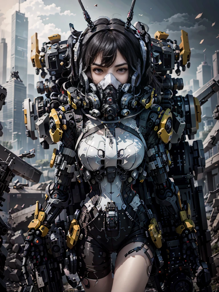 This is a CG Unity 8k wallpaper with ultra-detailed, high-resolution and top quality in cyberpunk style, dominated by black and red. In the photo, a beautiful girl with short messy white hair, a delicate face, using a wick vapor mask, standing on the ruins, behind her is a huge robot, and the action of a woman holding a heavy sniper rifle in her hand,