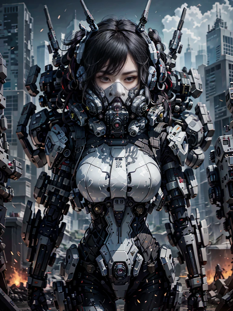 This is a CG Unity 8k wallpaper with ultra-detailed, high-resolution and top quality in cyberpunk style, dominated by black and red. In the picture, a white messy woman with short hair, a delicate face, wearing a steam mech, standing on the ruins, behind a ruin, a woman holding a heavy sniper rifle.