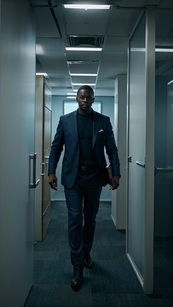 Micheal walking into an office with a resignation letter, in an office, 4k realistic imagery, blue scenery like a movie scene, old american setting, inspired by blade runner movie scene, blue tone,