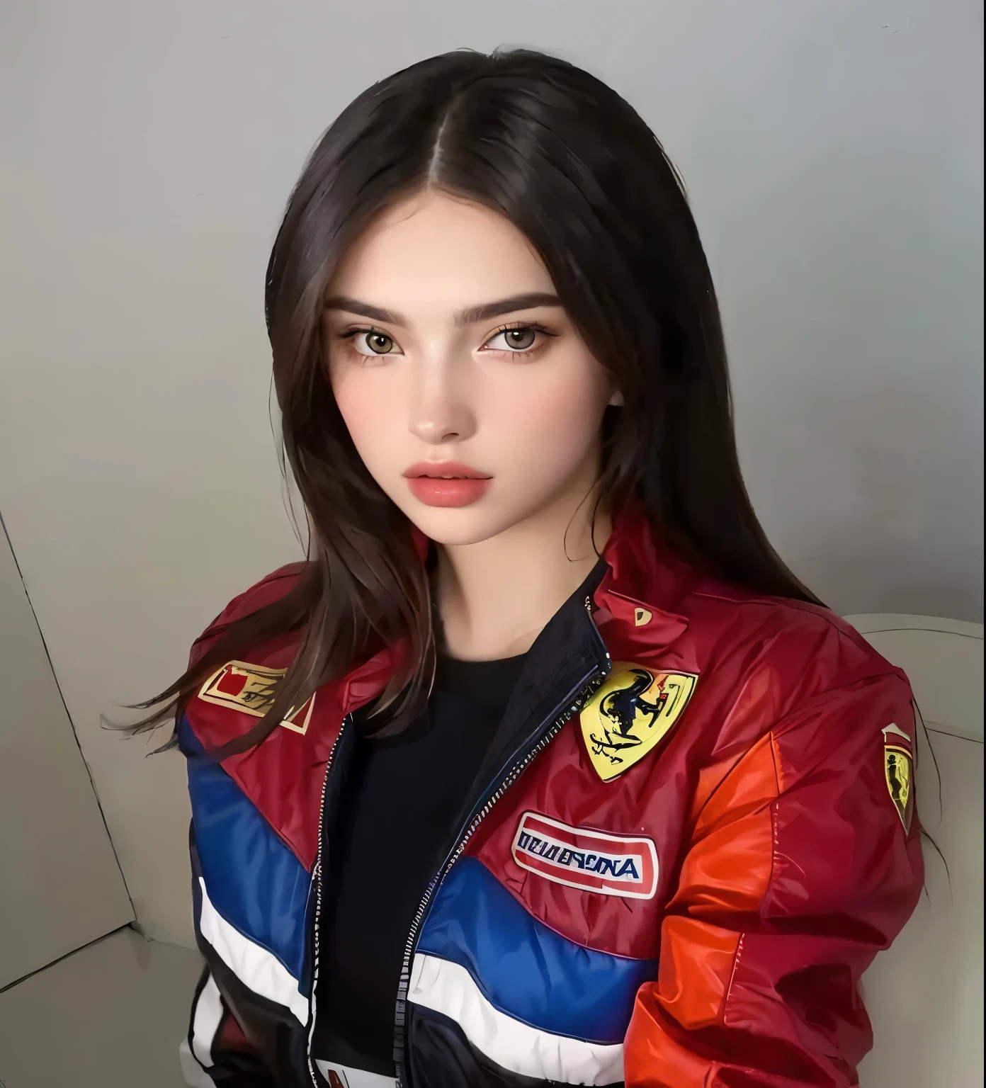 a closeup of a woman wearing a red and blue jacket, with Ferrari logo, Style of Julia Razumova, Anastasia Ovchinnikova, Angelina Stroganova, Portrait Sophie Mudd, Julia Gorokhova, Victoria Gavrilenko, Italian looking Emma, Instagram Template, Anna Nikonova aka Newmilky, Dasha Taran, Dua Lipa, julia sardinia
