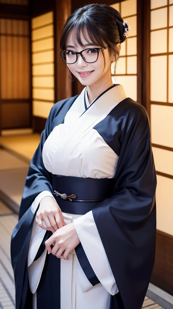 (Super beautiful woman in kimono)、((highest quality、8K masterpiece:1.3))、sharp focus:1.2、(super beautiful face:1.0)、(shiny skin:1.0)、realistic pictures、black hair、video lighting、High resolution eyes and face、video lighting、japanese actress、from the front、big breasts、with a happy smile、Slender abs beauty、whole body、wearing a kimono、in Kyoto、(((luxury obi)))、In Kyoto at night、wearing glasses with no edge、with a fan