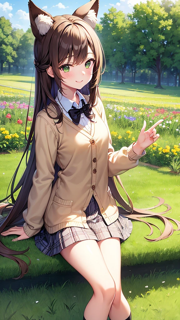 masterpiece, Highest quality, outside, Flower Field, From the side, One girl, smile, Conceit, Long Hair, Brown Hair, Green Eyes, Fox Ears, Medium chest, White collared shirt, bow tie, Beige cardigan, Black plaid skirt, Thick thighs, sneakers, loose socks, Panto Peak,４Head to Body