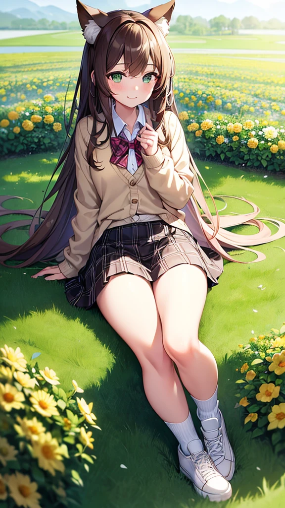 masterpiece, Highest quality, outside, Flower Field, From the side, One girl, smile, Conceit, Long Hair, Brown Hair, Green Eyes, Fox Ears, Medium chest, White collared shirt, bow tie, Beige cardigan, Black plaid skirt, Thick thighs, sneakers, loose socks, Panto Peak,４Head to Body