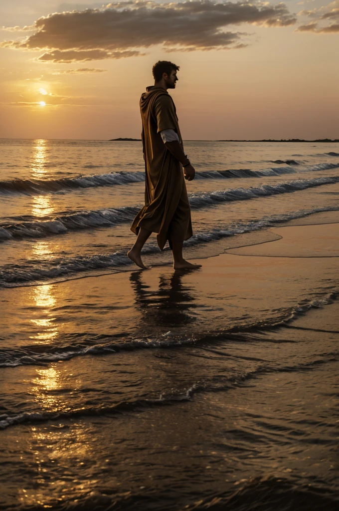 Man in long tunic and barefoot, walk on water, at sunset