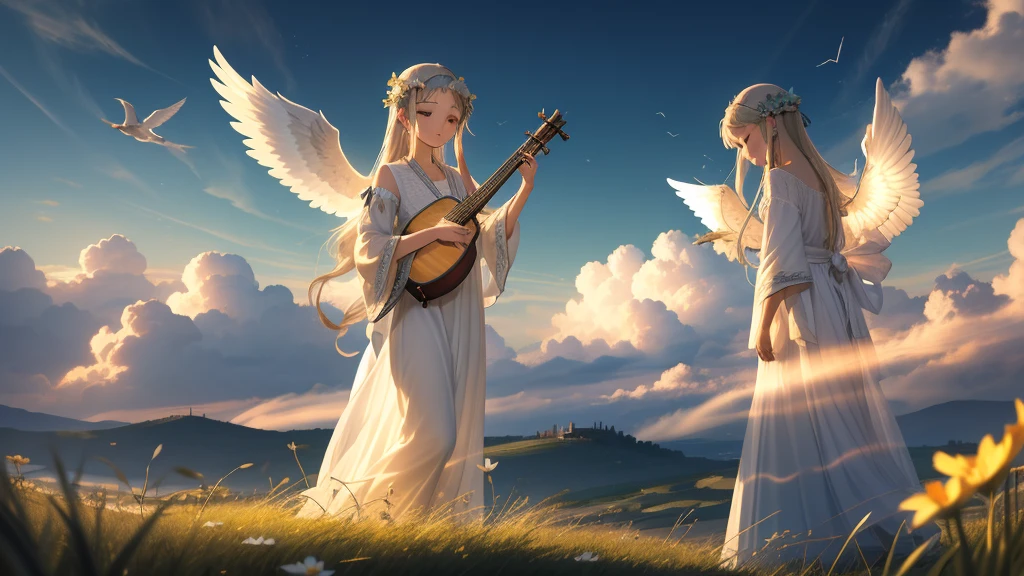 最high quality、high quality、A clear and pretty face、Paradise、Greek God々、Sanctuary Grasslands、Long dress、Full of light、Mysterious、Little angels are playing instruments all around、雲の中にGreek God殿、You can see the sea of clouds、skyline、