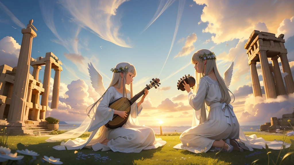 最high quality、high quality、A clear and pretty face、Paradise、Greek God々、Sanctuary Grasslands、Long dress、Full of light、Mysterious、Little angels are playing instruments all around、雲の中にGreek God殿、You can see the sea of clouds、skyline、