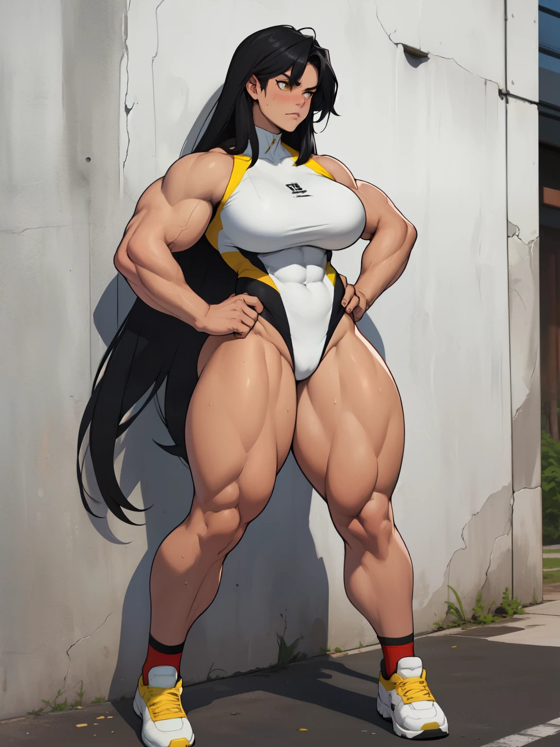 ((((((1girl)))))) ((((((1girl)))))) (((((muscular))))) ((thick thighs huge breasts)) black hair yellow eyes solo angry pale skin sweaty concrete wall very long hair pilot suit curvy wide hips bodybuilder ((full body))