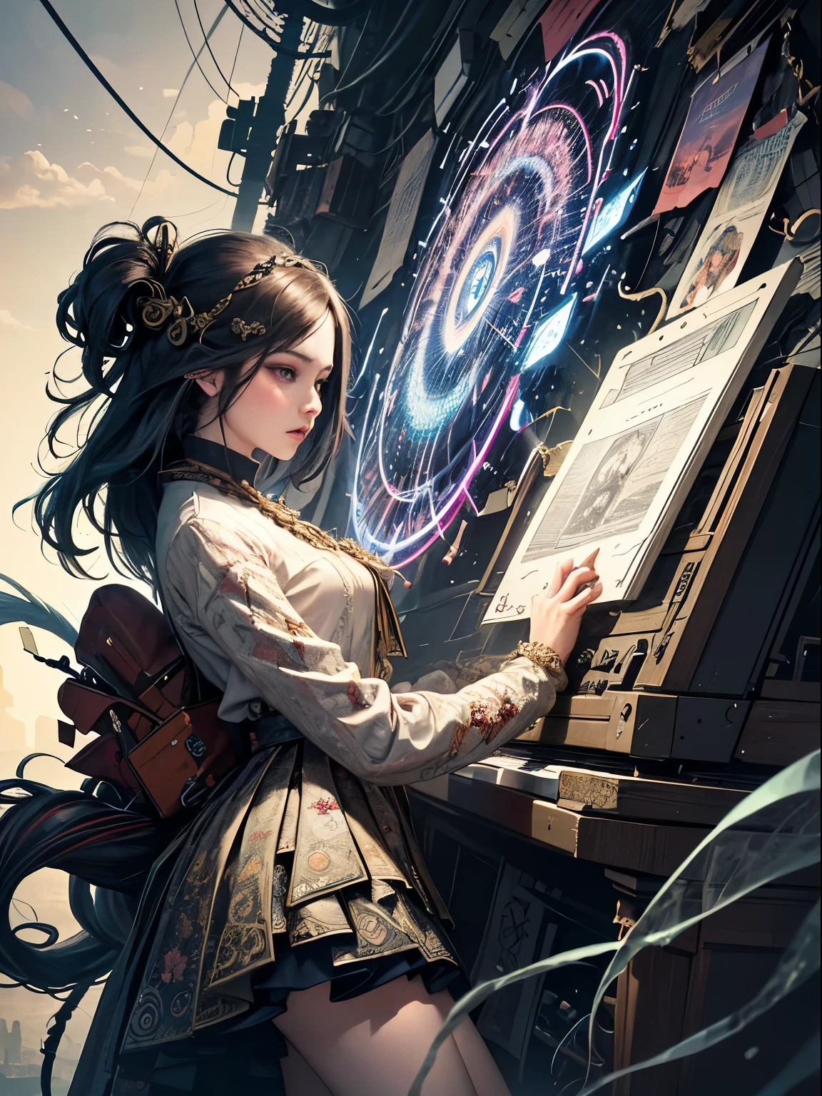 official art, unity 8k wallpaper, ultra detailed, beautiful and aesthetic, masterpiece, best quality, (zentangle, mandala, tangle, entangle), (fractal art:1.3) , 1girl, extremely detailed, dynamic angle, cowboyshot, the most beautiful form of chaos, elegant, a brutalist designed, vivid colours, romanticism, by james jean, roby dwi antono, ross tran, francis bacon, michal mraz, adrian ghenie, petra cortright, gerhard richter, takato yamamoto, ashley wood, atmospheric, ecstasy of musical notes, streaming musical notes visible