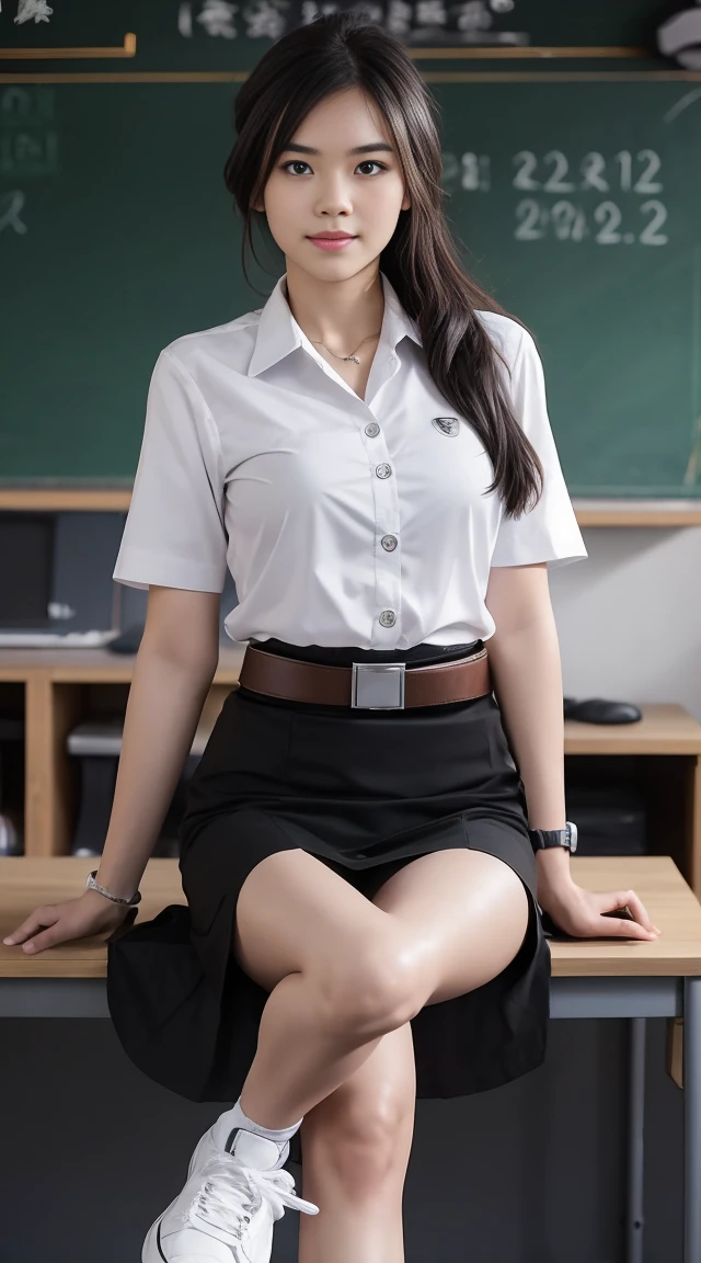 18s woman in a dark classroom, Wearing a Thai university uniform, white shirt, black skirt, brown belt, white sneakers, Sitting wih one leg crossed on a desk., Make fire on your hand, low key photo, Highly detailed, dark backround