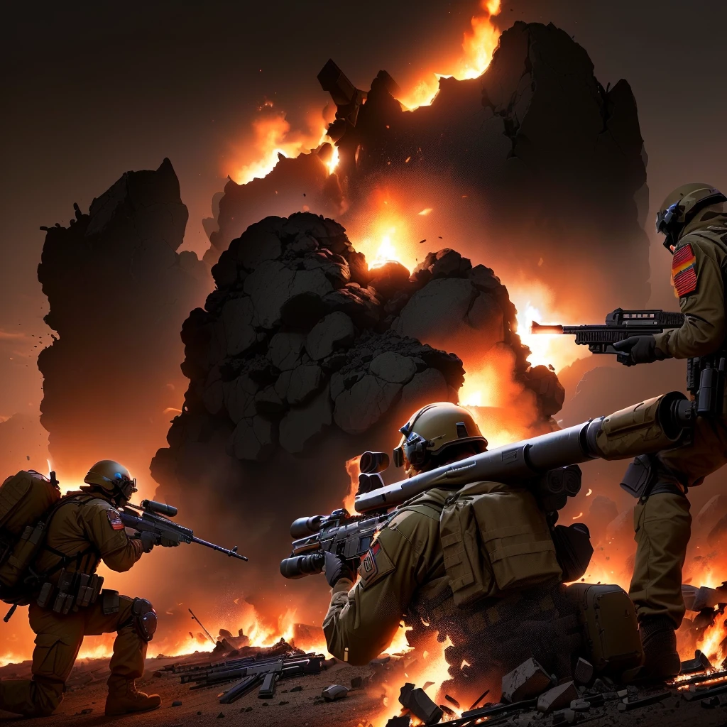 soldiers in uniform with weapons and helmets are in front of a fire, an escalating violent firefight, realistic apocalyptic war scene, powerful explosions, explosions and smoke, dark color. explosions, battlefield backround, huge explosions everywhere, battlefield scene, charge explosives, heavy weapons fire, fps game concept art, mech machines firing bullets, explosions and fire, soldiers and mech fight