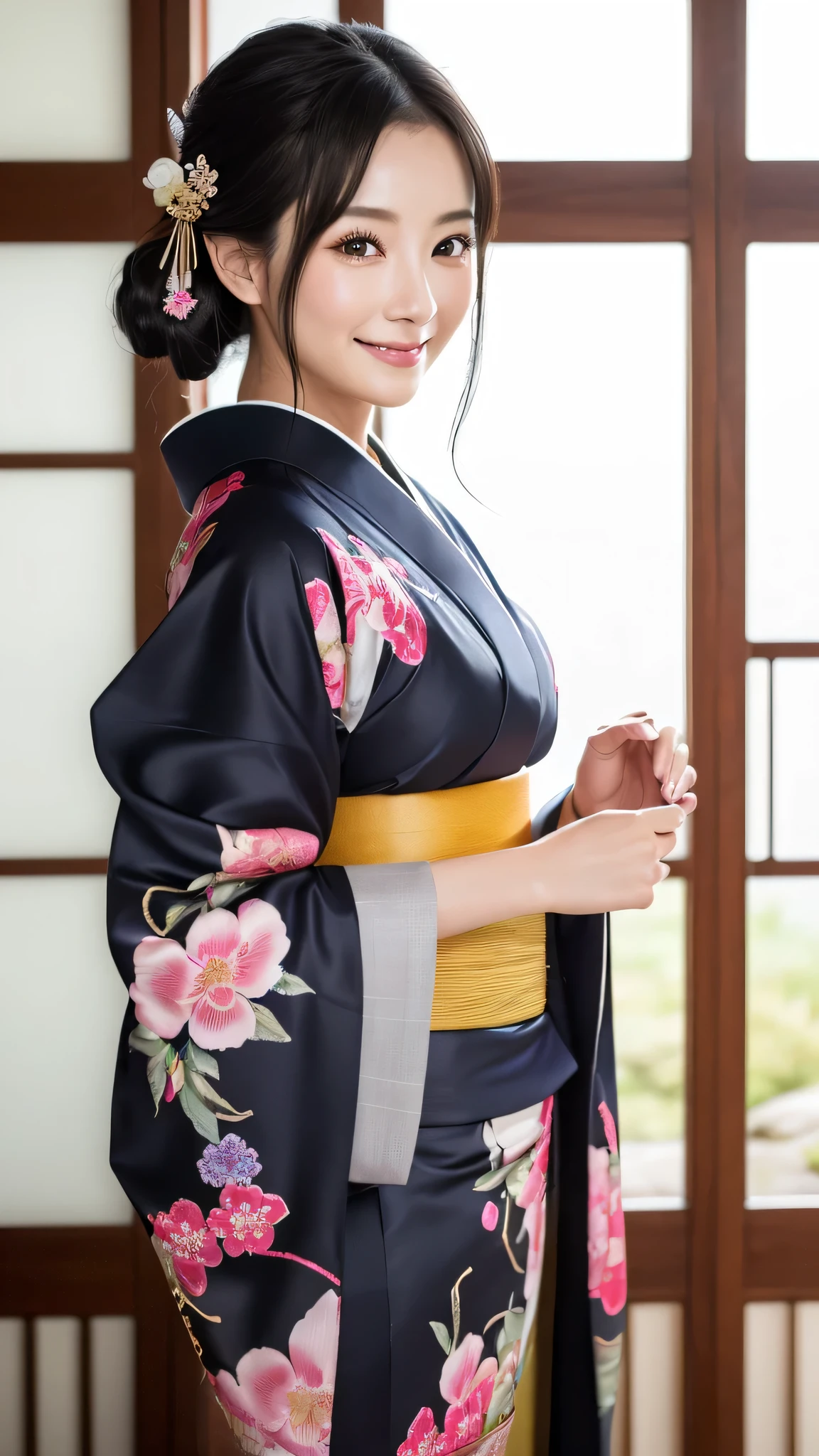 (Super beautiful woman in kimono)、((highest quality、8K masterpiece:1.3))、sharp focus:1.2、(super beautiful face:1.0)、(shiny skin:1.0)、realistic pictures、black hair、video lighting、High resolution eyes and face、video lighting、japanese actress、from the front、with a happy smile、whole body、wearing a kimono、in Kyoto、(luxury obi)、with a fan