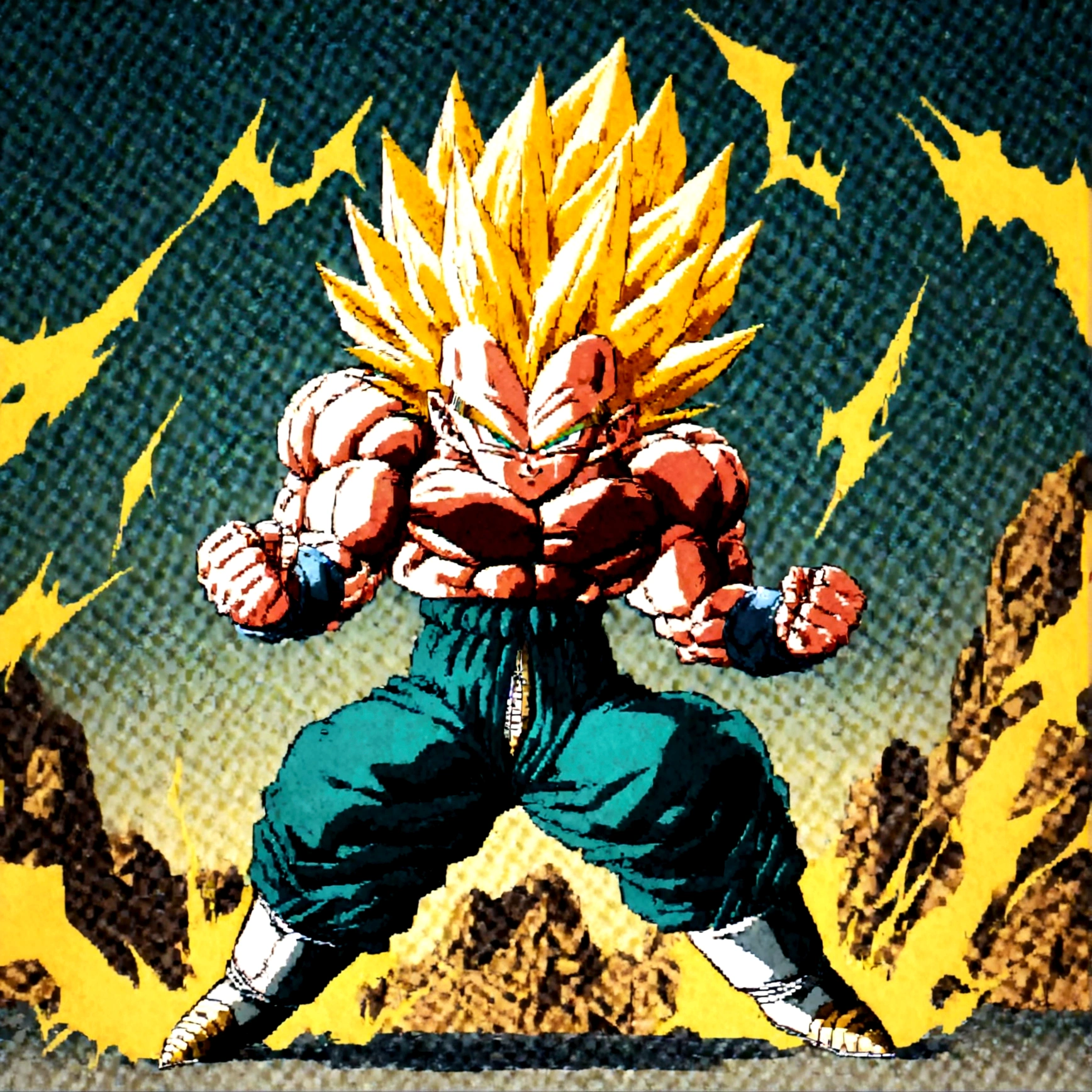 1boy, Vegeta, from Dragon Ball Z, Vv2essjnss, yellow hair, spiked hair, green eyes, male focus, straddle stance, (huge muscles:1.5), full body, yellow aura, electricity, Dragon Ball Z artstyle, in the style of Akira Toriyama, white tiled floor, outdoors, flat-top mountains, Extreme Wide shot, Low Angle Shot, , masterpiece, best quality, very aesthetic, absurdres