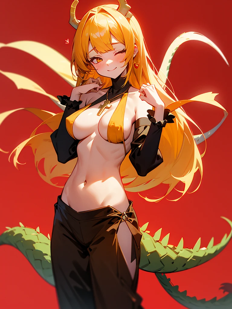 score_9, score_8_up, score_7_up, rating_safe, 1girl, solo, Pixel_Art,
Miss Kobayashi Dragon Maid, Tohru, Orange eyes, yellow hair, long hair, side bangs, large breasts, revealing clothing, harem outfit, collarbone, backless, topless, cross halter, necklace, loose sleeves, bracelet, bare shoulders, belly button , hip vent, harem pants, cowboy shot, v, raise hand, look at viewer, simple background, red background, heart background, blush, naughty face, smile, half-closed eyes, nude, ecchi, dragon tails