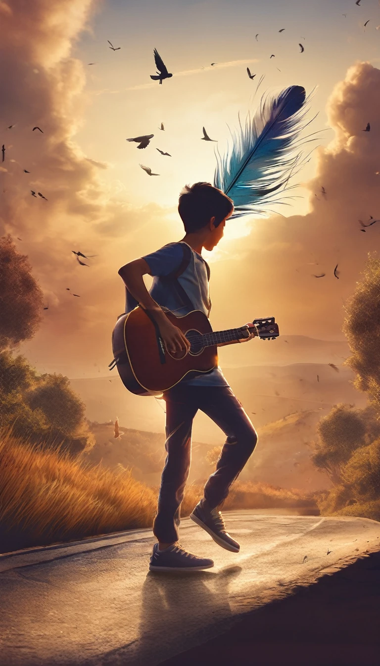 Create a professional, fantastic, cinematic Youtube Banner for a brand about music and stories called " Penamemoria". Masterpiece, 4k, sharp focus, highest quality,wide shot. The title is " Penamemoria". Is a brand about the creative, unique journey of a boy into becoming a musician storyteller. In his journey he finds inspiration in a world of birds and feathers. Minimalistic, simple, poetic, dreamy Logo design of a boy running happily into the horizon with his arms wide opan acoustic guitar in his right hand and a feather on the left hand. Boy running against the wind, almost simulating like he is flying.