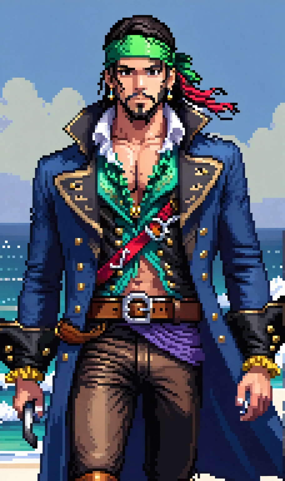(Pixel art: 1.2), 1 man, 30 years old, with a muscular build, light brown eyes, medium-length silky black hair, wearing a red bandana on his head, a gold earring in his right ear, a gold tooth, a necklace with a green stone and silver necklaces, a blue overcoat with gold ornaments, a leather belt, a white vest and a semi-open dress shirt, the blue overcoat sleeves cover up to the forearms, white gloves on his hands, leather boots, reinforced blue pants, side view, visible lips and nose, Black background, pirate style, nothing out of the frame.