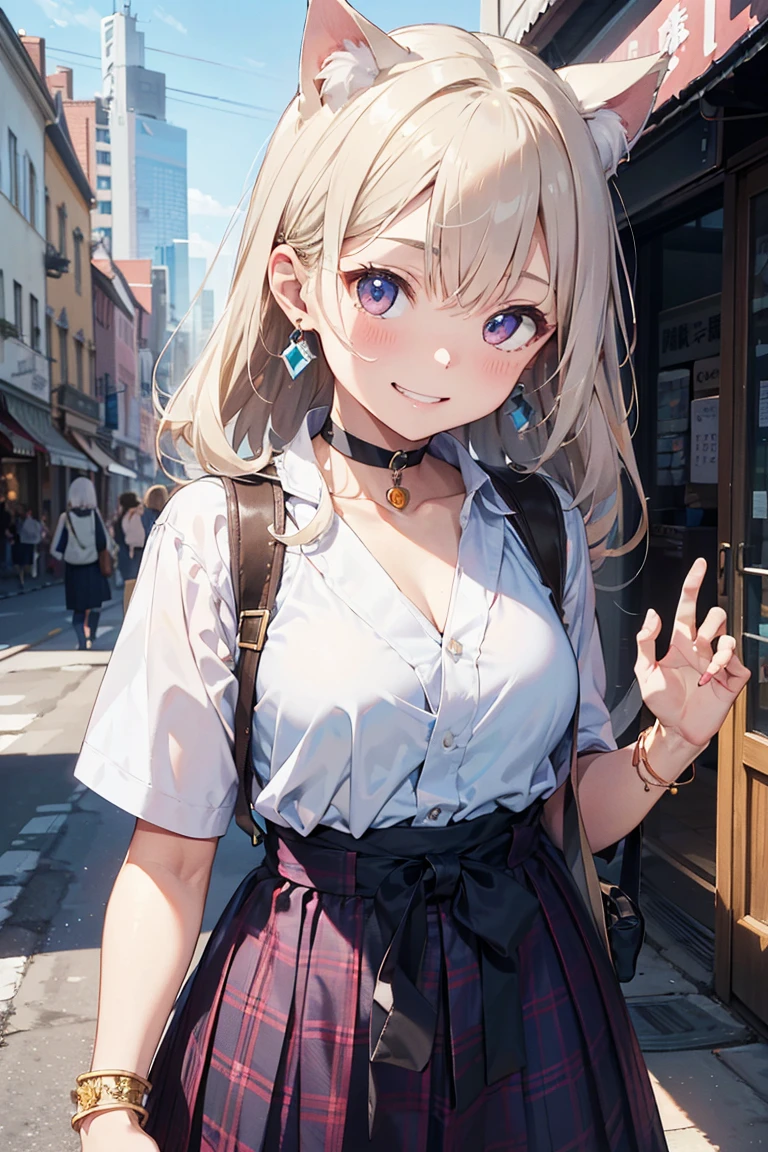 (((masterpiece))), (((Highest quality))), ((Very detailed)), ((Very detailedなイラスト)), ((Ultra-fine painting)), (16K Highest quality wallpaper:1.4), (Detailed and elaborate illustration style,:1.8) Detailed skin texture, High quality fabric, , (T-masterpiece), (Very detailedな顔:1.4), original, RAW Photos, Professional, Intricate details, Very detailed, Direct sunlight:1.6, ,(Cowboy Shot:1.9)、(Perfect Anatomy:1.4), (Extremely elaborate hands:1.2), (Very elaborate fingers:1.2), (Very elaborate fingers先:1.2),, (alone:1.6), (beautiful and adorable cat ears:1.6), (Intricate and delicate cat ears:1.4), (beautiful, Shiny white hair:1.6), (Very fine and delicate white hair:1.4),, (Very detailedな顔:1.4),(Light purple eyes:1.4),(smile:1.4),, whole body,
One Girl, bangs, black choker, black tie, blonde, blue skirt, blush, bracelet, chest, choker, clothes Surrounding area waist, clavicle, collared shirt, Cowboy Shot, dress shirt, ear Earrings, Eyebrows visible through hair, Gradient Hair, Grin, Improve, jewelry, Kogal, Long Hair, View your audience, loose tie, tie, Earrings, Plaid, Plaid skirt, pleated skirt, Red eyes, ring, , shirt, skirt, smile, alone, white shirt,
street, null, Gerbera petals,shape, (Hakama:1.3), (Bow and Arrow:1.3), fashionable, woman, Vibrant, Costumes, stop temporarily, front, colorful, dynamic, background, element, Be confident, performance, Holding, statement, accessories, Majestic, Coiled, Surrounding area, touch, scene, article, cover, bold, to attract attention, title, stylish, font, Catchy, Heading, big, impressive, Modern, tendency, concentrate, fashion,